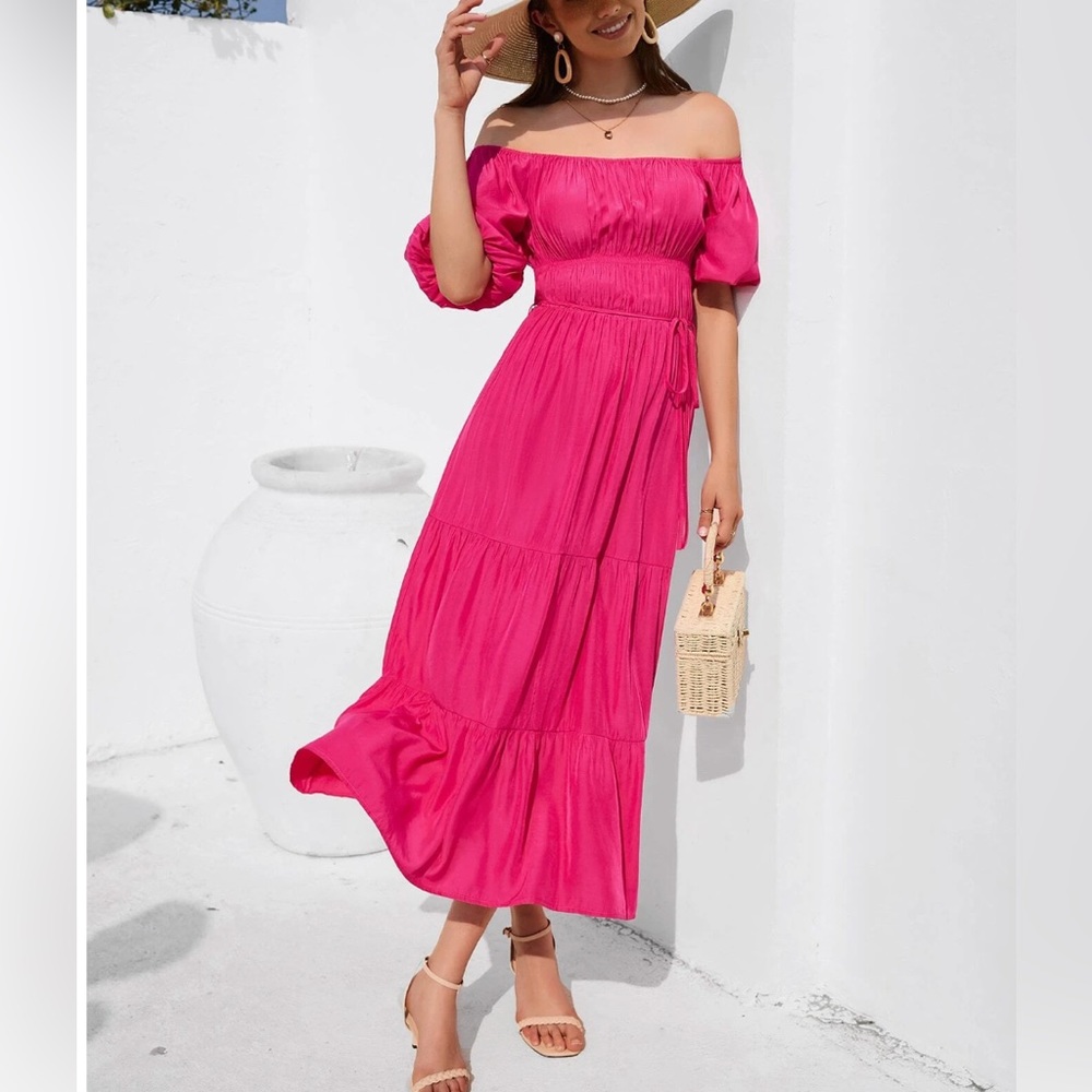 Boho Off Shoulder Puff Sleeve Layered Hem Belted Dress - Picture 3 of 6